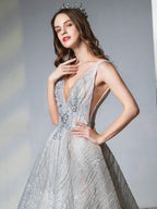 Baoleely A-line Light Grey Gown of Embroidered Matches the Low V-back
