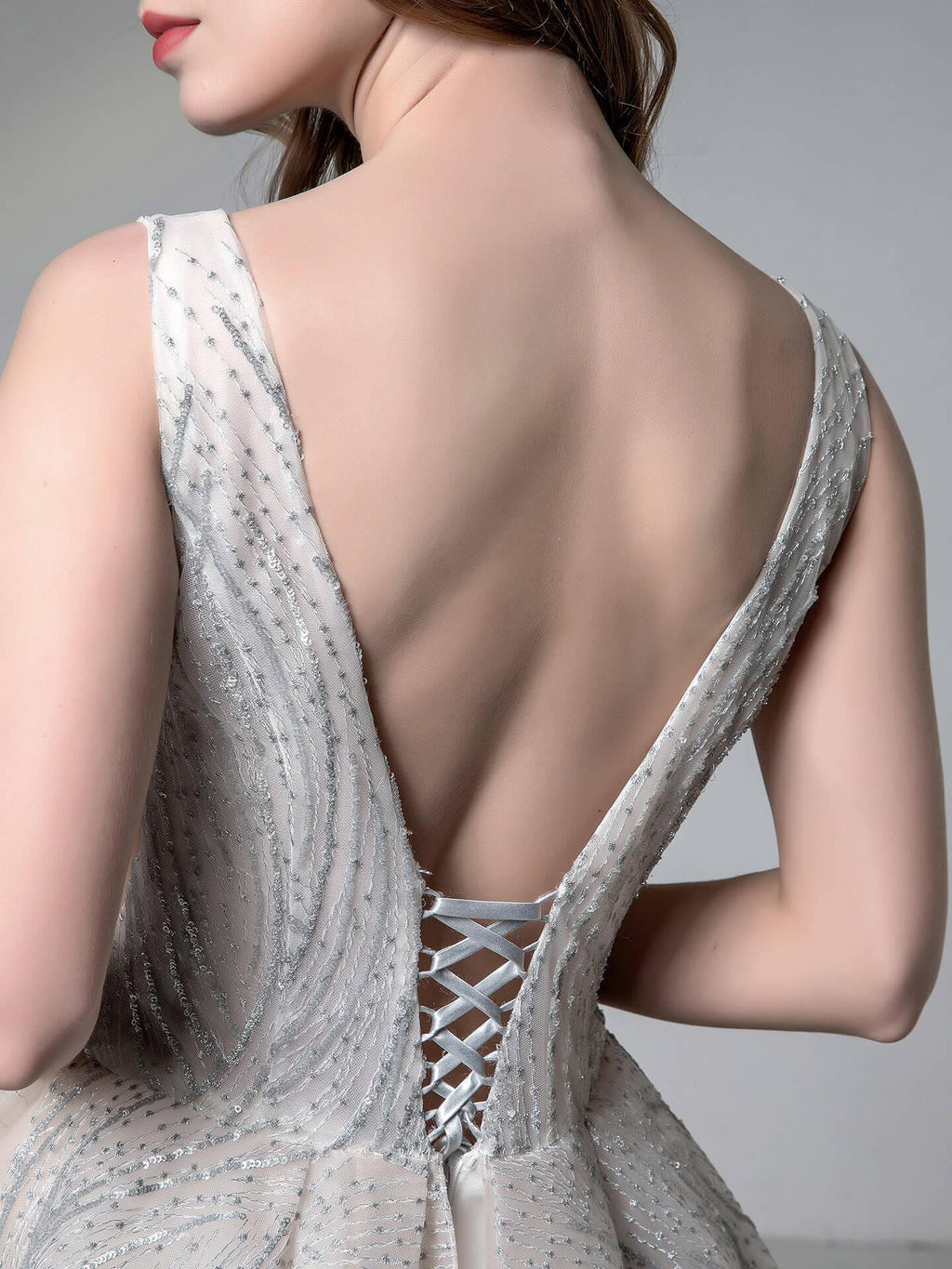 Baoleely A-line Light Grey Gown of Embroidered Matches the Low V-back