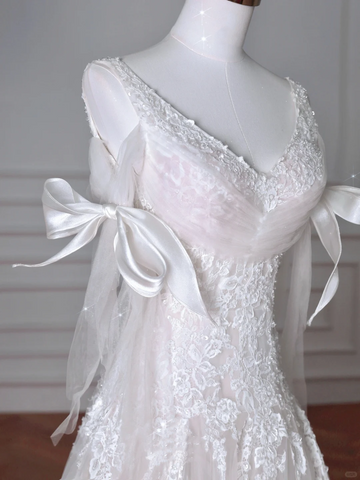 Fairy White V Neck Tulle Lace Appliques Mermaid Evening Dress,Long Wedding Dress Y8636