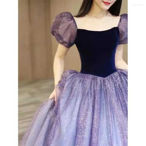Purple Tulle Short Sleeve Formal Dress Cute A-Line Evening Dress Y4291