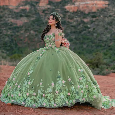 Vestido de quinceañera verde salvia claro, vestido de baile floral para concurso de belleza Sweet 16 Y2063