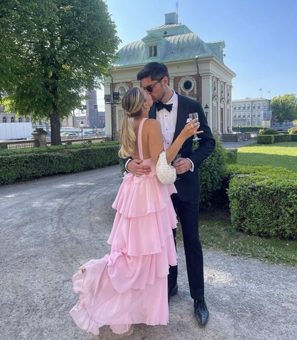 Women's Pink A-line Tiered Prom Dress Pink Backless Evening Dress Y4532