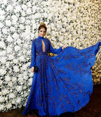 Vestido de noche azul real corte A, manga larga, estilo glamuroso Y5347