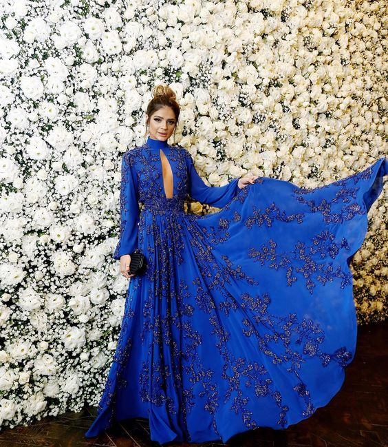 Vestido de noche azul real corte A, manga larga, estilo glamuroso Y5347