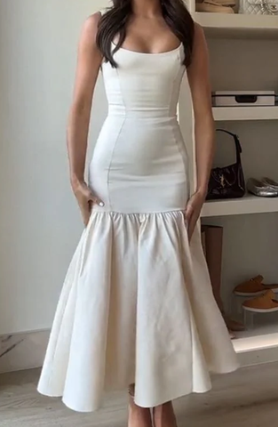 Precioso vestido de fiesta sirena color marfil, largo, de satén, para baile de graduación o noche, modelo Y8014