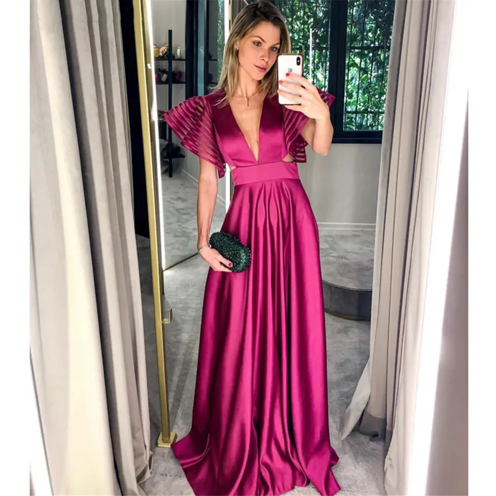 Robe de soirée élégante fuchsia à col en V pour femme Y5036