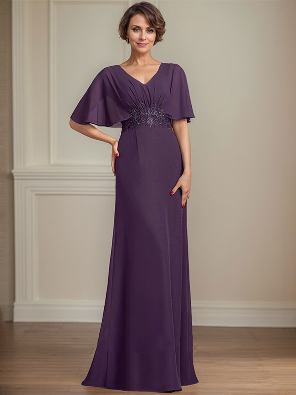 Vestido de corte A, escote en V, largo hasta el suelo, de gasa, para la madre de la novia, con apliques de lentejuelas plisadas y encaje.