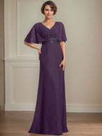 Vestido de corte A, escote en V, largo hasta el suelo, de gasa, para la madre de la novia, con apliques de lentejuelas plisadas y encaje.