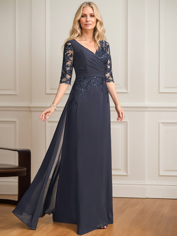 Robe de mère de la mariée en mousseline de dentelle, coupe trapèze, col en V, longueur au sol, ornée de sequins plissés 