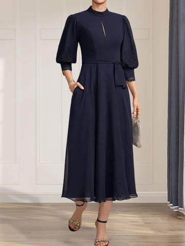 A-line High Neck Tea-Length Lace Chiffon Mother of the Bride Dress With Bow