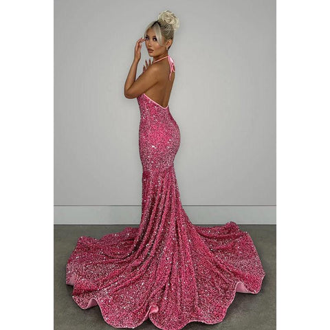 Robe de soirée longue sirène à paillettes, col en V, dos nu, avec traîne