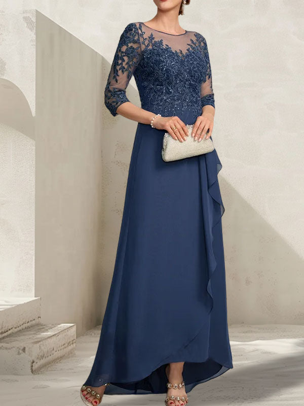 Vestido de madrina de la novia, corte asimétrico, escote ilusión, encaje y gasa, con lentejuelas y volantes en cascada.