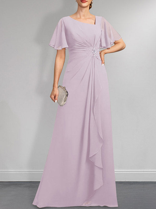 Robe de mariée asymétrique en mousseline de soie, coupe trapèze, longueur au sol, ornée de plis, de perles et de sequins, idéale pour la mère de la mariée.