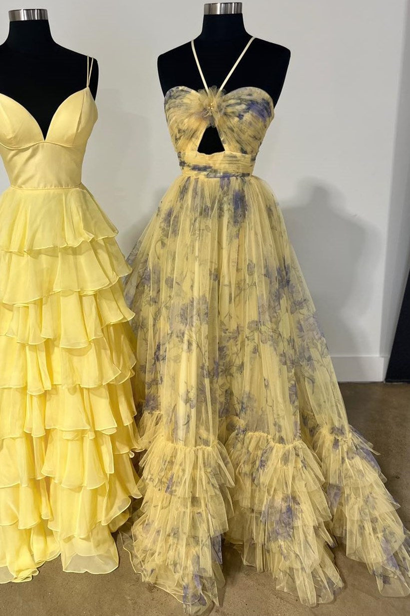 Robe de bal longue imprimée dos nu à découpe en forme de goutte d'eau, coupe trapèze