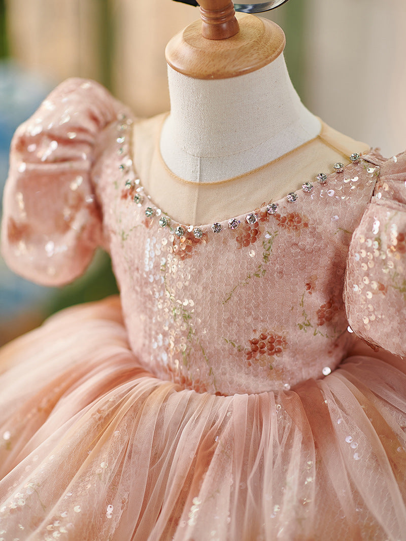 Vestido de bebé niña hasta la rodilla con lentejuelas, mangas abullonadas y pedrería 