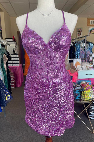 Robe de bal de fin d'année lilas à paillettes et appliques scintillantes