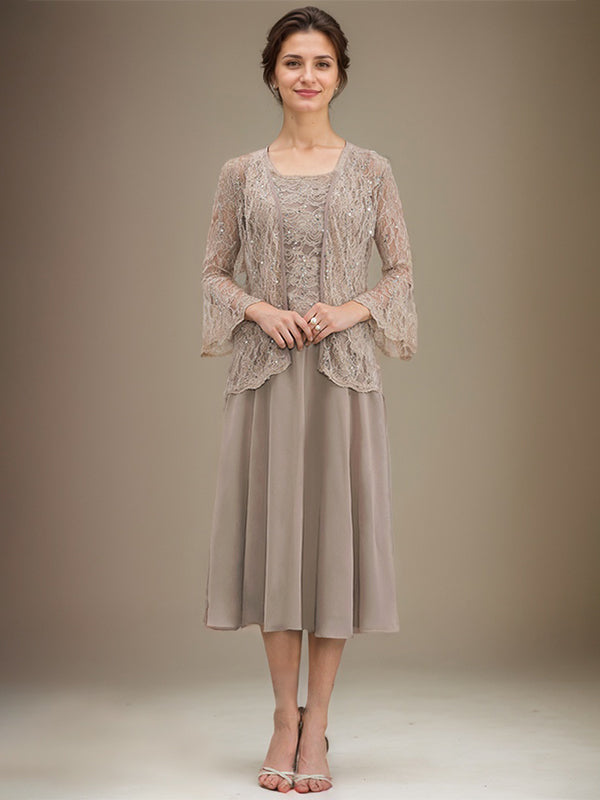 Robe de mère de la mariée en mousseline de soie, coupe trapèze, longueur thé, ornée de sequins 