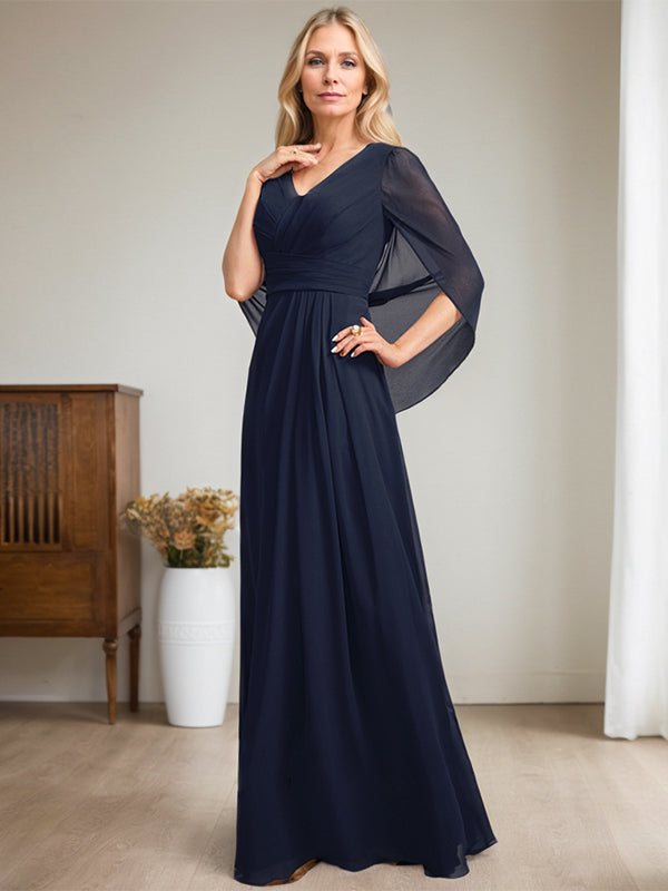 Vestido largo azul marino oscuro de corte A con escote en V para la madre de la novia