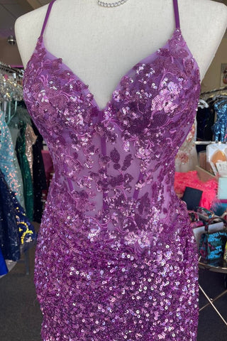 Robe de bal de fin d'année lilas à paillettes et appliques scintillantes