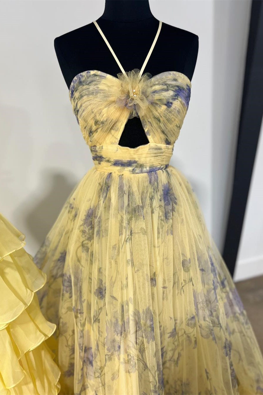 Robe de bal longue imprimée dos nu à découpe en forme de goutte d'eau, coupe trapèze