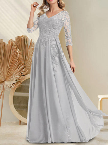 Vestido de novia de corte A, escote en V, largo hasta el suelo, de gasa de encaje con lentejuelas para la madre de la novia