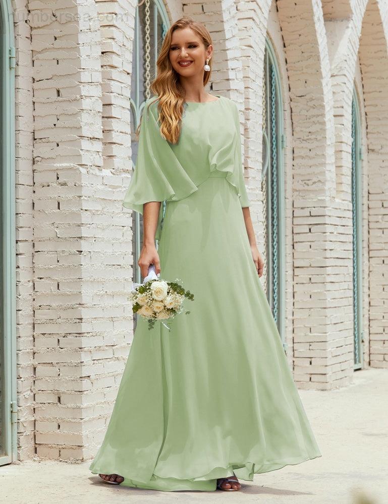 Vestido de dama de honor Sunderly para mujer, manga larga, cuello en V, de gasa, vestido formal de fiesta de boda SY28018