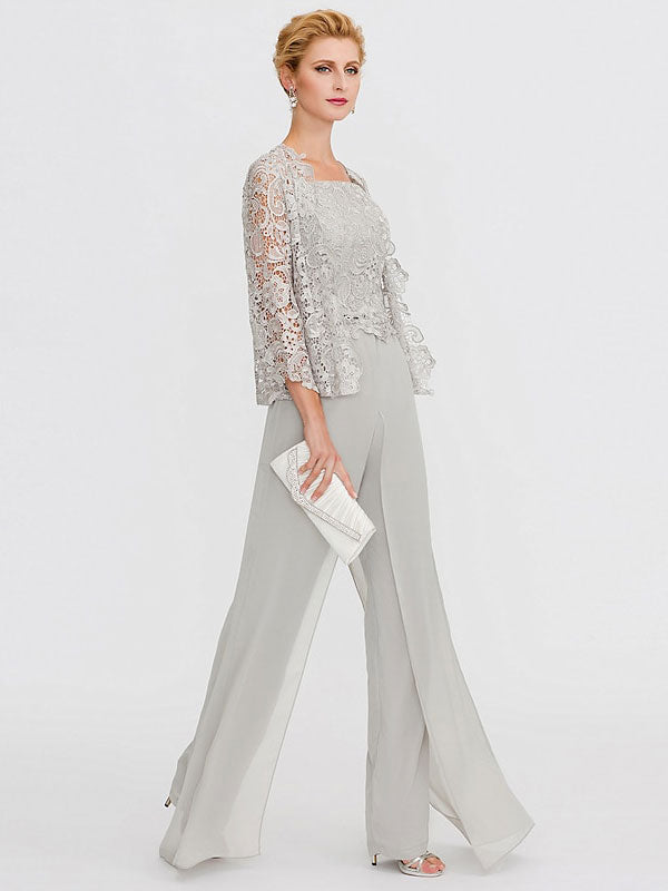 Traje pantalón de chifón de tres piezas con escote cuadrado y chaqueta para la madre de la novia 