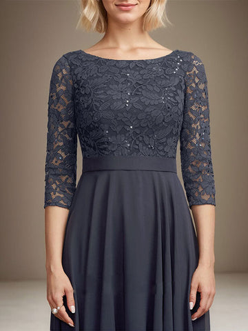 A-line Scoop Tea-Length Lace Chiffon Mother of the Bride Dress With Sequins
