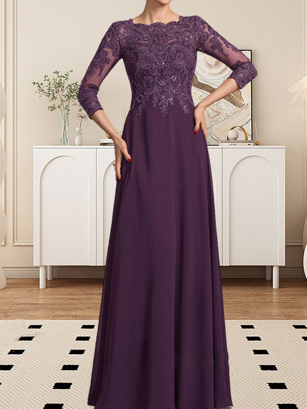 Vestido de novia de corte línea A, escote redondo, largo hasta el suelo, de encaje y gasa con lentejuelas.