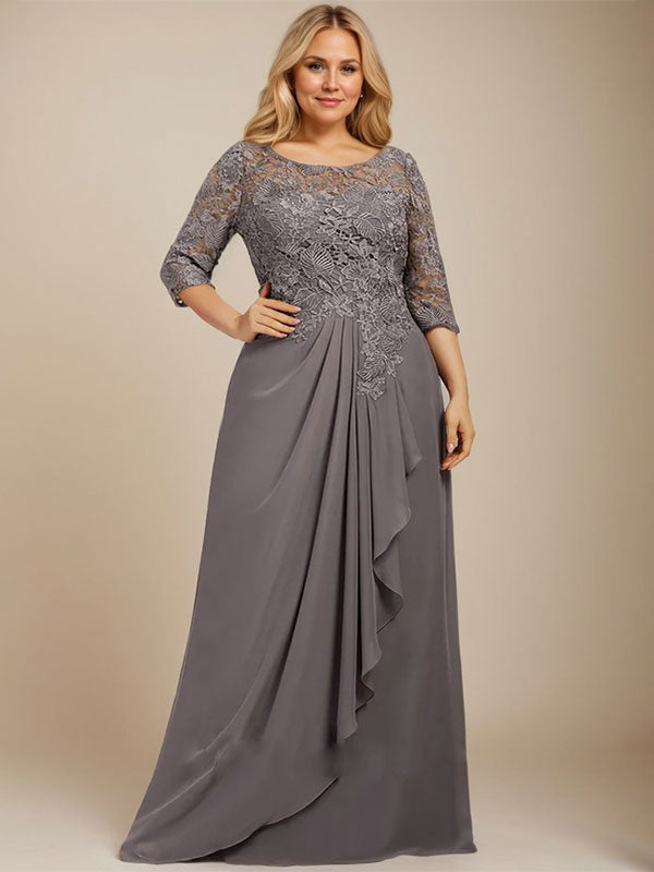 Robe de mère de la mariée en mousseline de dentelle, coupe trapèze, décolleté illusion, longueur au sol, avec volants cascade 