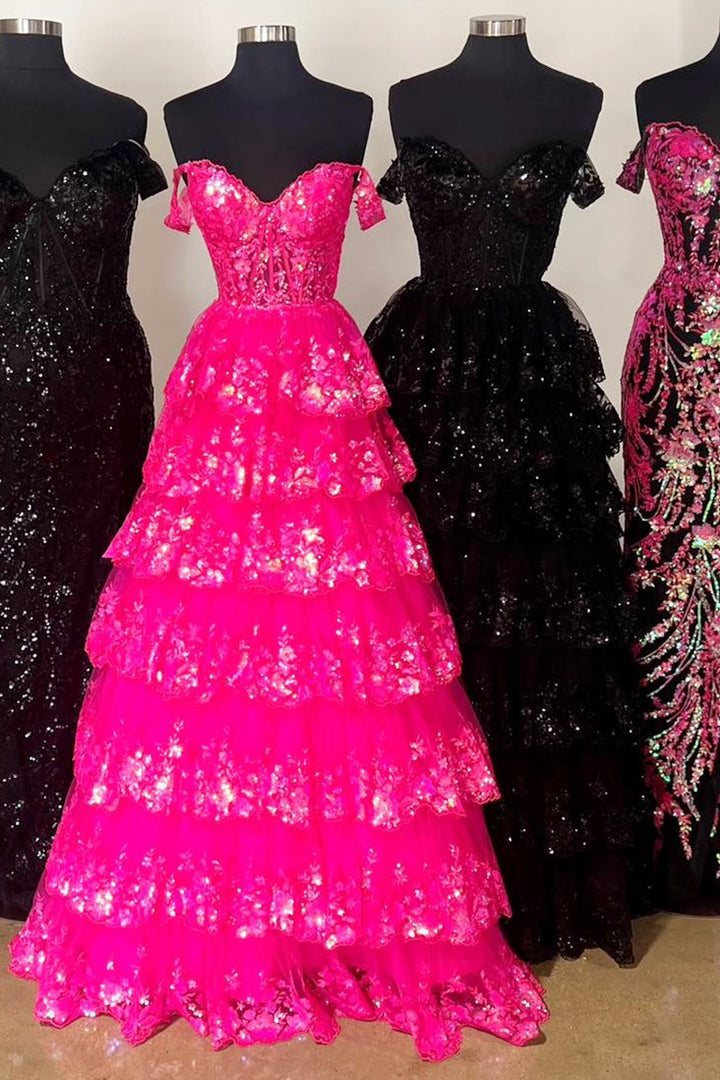 Vestido de graduación de princesa con hombros descubiertos, lentejuelas y encaje