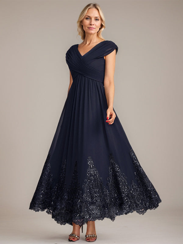 Vestido de gasa de corte evasé, escote en V, largo hasta el tobillo, para la madre de la novia, con apliques de lentejuelas. 