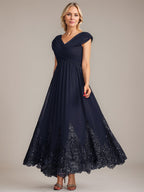 Vestido de gasa de corte evasé, escote en V, largo hasta el tobillo, para la madre de la novia, con apliques de lentejuelas. 