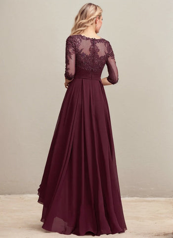 A-line Scoop Illusion Asymmetrical Lace Chiffon Mother of the Bride Dress With Pleated Sequins