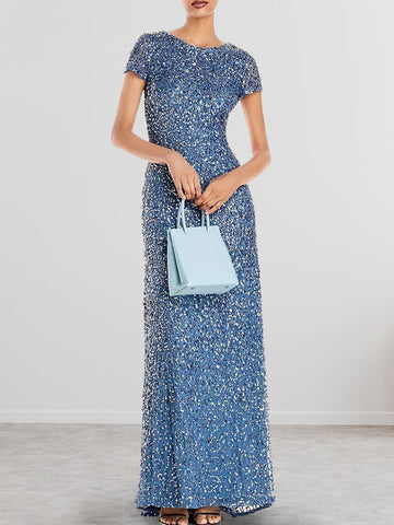 Dusty Blue Sequins Sheath Scoop Long Mother of the Bride Dress