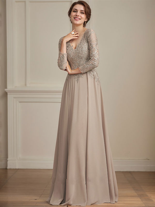 Robe de mère de la mariée en mousseline de dentelle, coupe trapèze, col en V, longueur au sol, ornée de sequins 