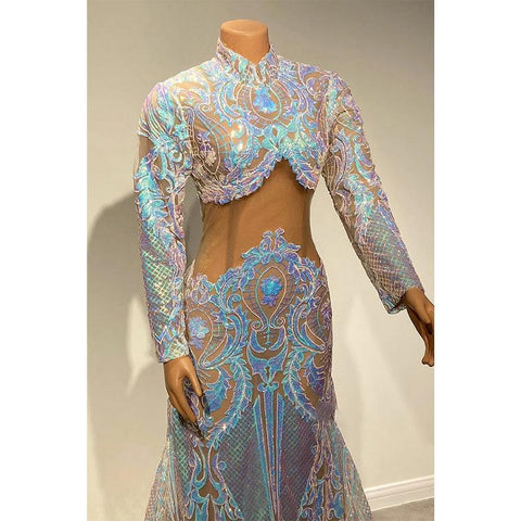 Vestido de fiesta de sirena con apliques de lentejuelas y cuello alto único para chica negra 