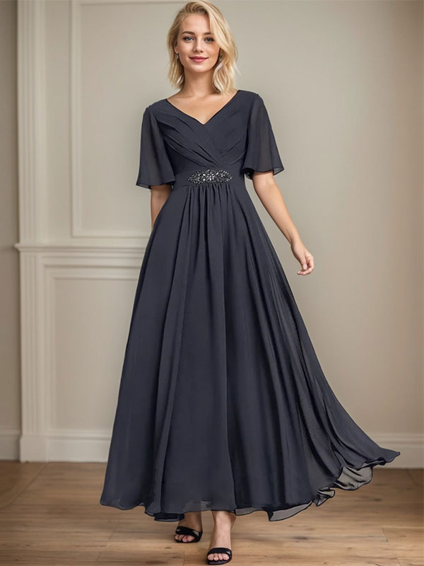 Vestido de gasa de corte A, escote en V, largo hasta el tobillo, para la madre de la novia, con lentejuelas y cuentas plisadas.