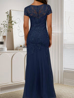 Robe sirène bleu marine foncé à sequins et tulle, décolleté rond, robe en tulle bleu marine foncé
