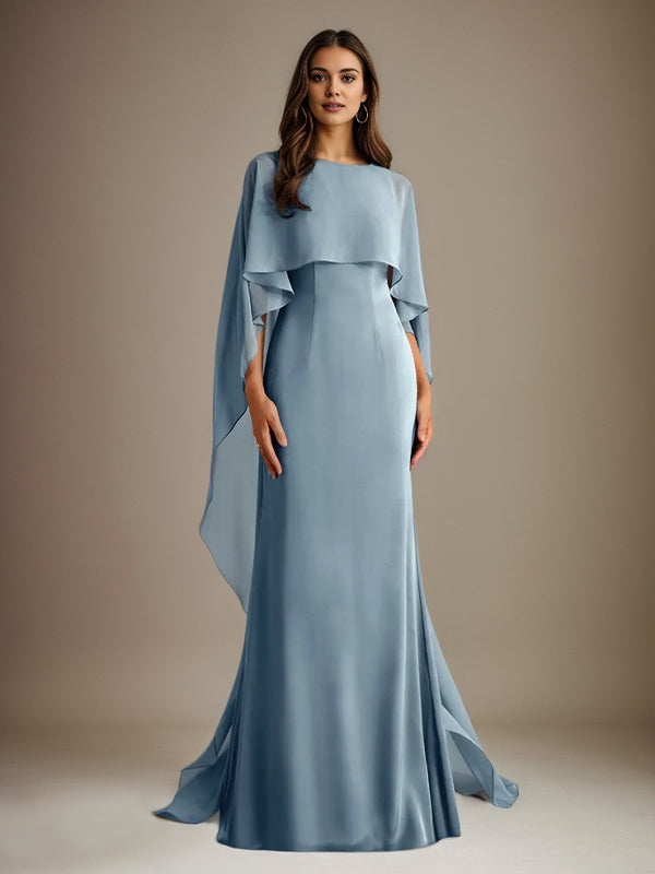 Vestido de gasa de corte recto/columna, escote barco y largo hasta el suelo, para la madre de la novia, con volantes en cascada. 
