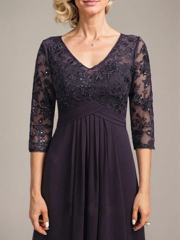 A-line V-Neck Floor-Length Lace Chiffon Mother of the Bride Dress With Cascading Ruffles Sequins
