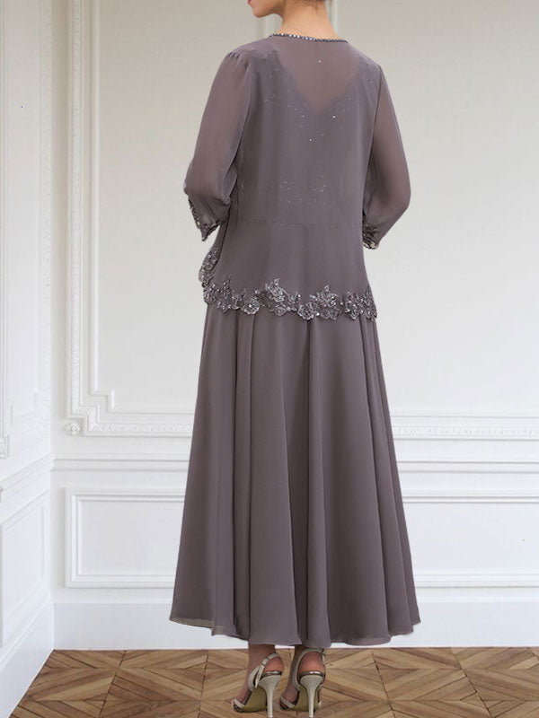 Vestido de corte A, escote en V, largo hasta el tobillo, de gasa, para la madre de la novia, con apliques de lentejuelas, encaje y pedrería.