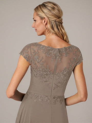 A-line Boat Neck Illusion Asymmetrical Chiffon Lace Mother of the Bride Dress With Applique Pleats