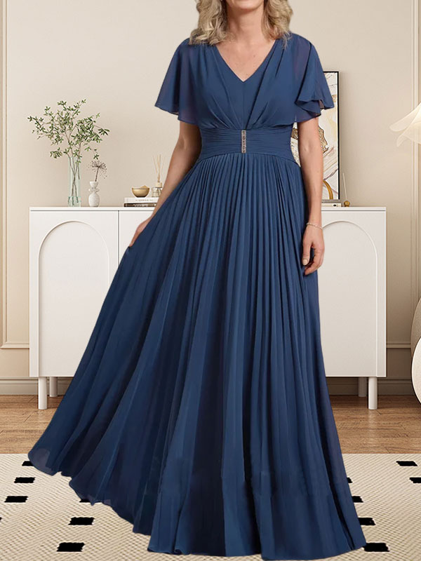 Vestido de gasa de corte A, escote en V, largo hasta el suelo, para la madre de la novia, con broche de cristal y pliegues. 