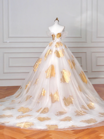 Gorgeous Gold Print Tulle Off The Shoulder Ball Gown A Line Prom Dress Evening Dress Y8618