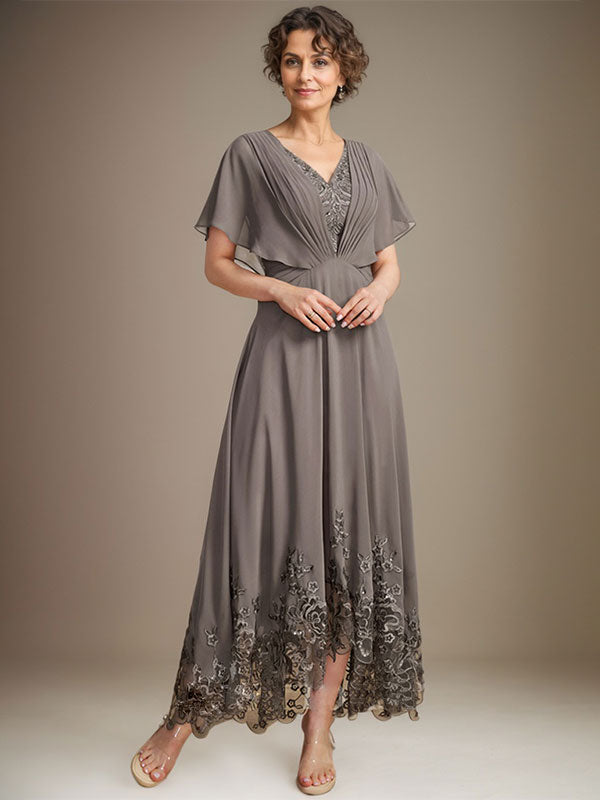 Robe de mère de la mariée asymétrique en mousseline de dentelle, coupe trapèze, col en V et plis