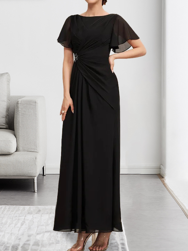 Vestido de gasa de corte A, escote redondo, largo hasta el tobillo, para la madre de la novia, con plisados ​​y cuentas.