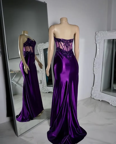 Purple Strapless Satin Lace Appliques Prom Party Dress Mermaid Sexy Split Evening Dress Y8121