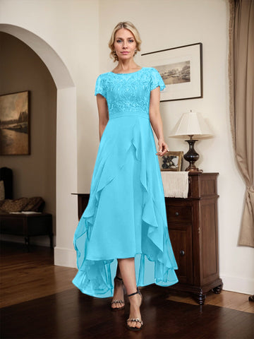 A-line Scoop Illusion Asymmetrical Chiffon Lace Mother of the Bride Dress With Bow Ruffle Sequins