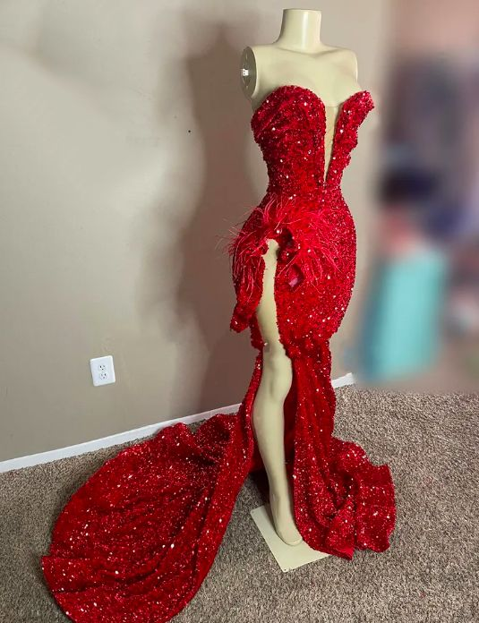 Robe de bal longue rouge à paillettes et décolleté cœur pour jeunes filles noires, ornée de plumes, robe de soirée fendue jusqu'à la cuisse Y6599